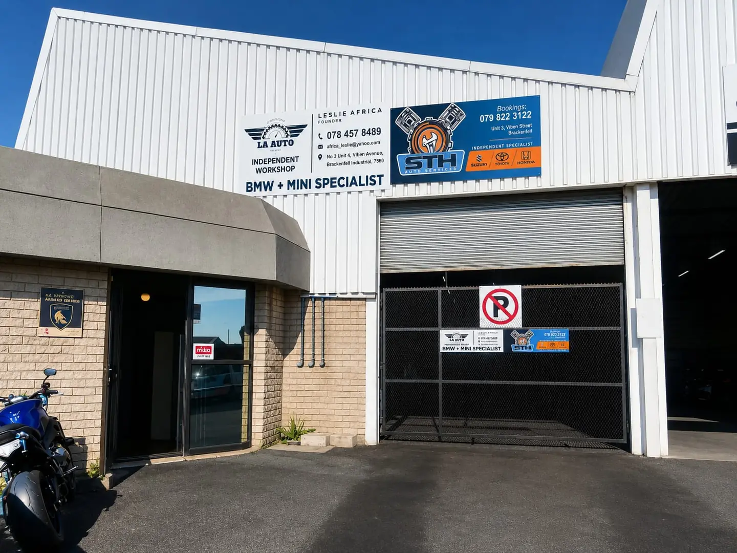 The LA Auto workshop seen from Viben Avenue, Brackenfell Industrial, with the BMW and Mini Specialist signage above the roller door